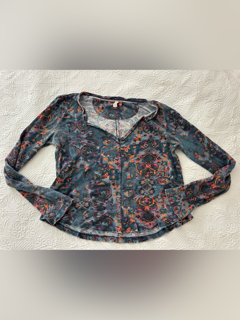 Pilcro Teal Floral-Print Long Sleeve Tee